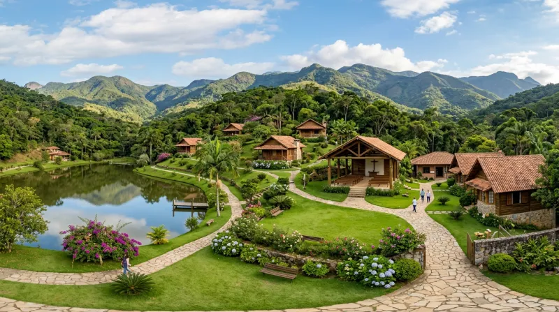 Vista panorâmica do Sítio Flor da Montanha em Valença RJ com chalés, lago, pavilhão e montanhas da Serra Fluminense